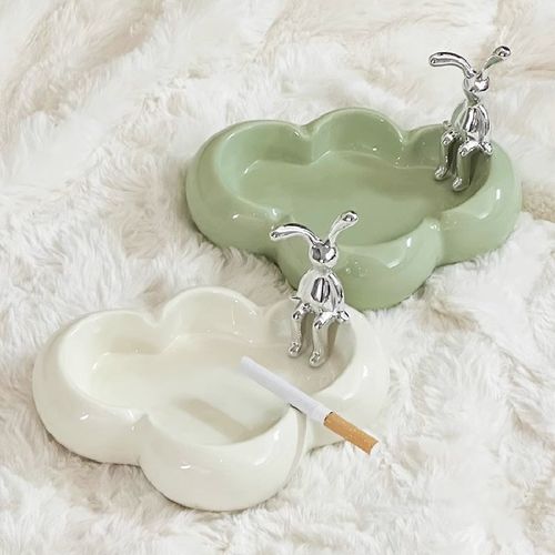 可爱陶瓷烟灰缸家用办公室客厅防飞灰风创意带盖烟缸茶几桌面摆件