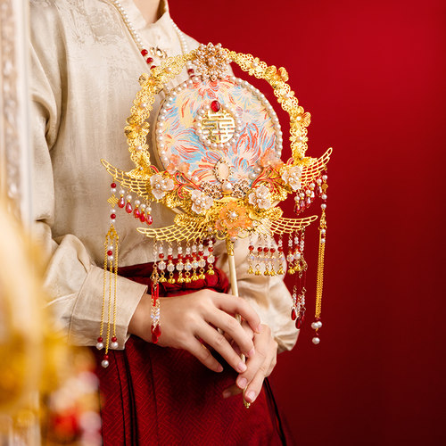 婚扇中式团扇diy材料包手捧花新婚金色双面高级重工搭配秀禾喜扇