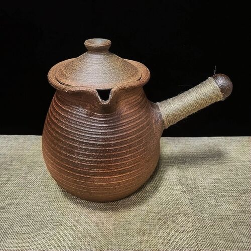 云南土陶器大理烤茶罐炕茶罐大号侧把老岩泥全手工柴烧煮茶烤奶罐