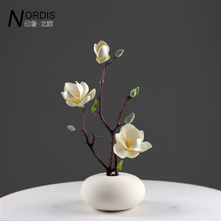 新中式素烧花瓶仿真白玉兰家居装饰摆件客厅餐厅玄U关民宿插花摆