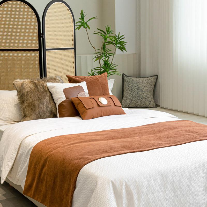 新中式样板间床旗床尾巾抱枕焦糖色床尾毯酒店民宿软装搭毯靠垫