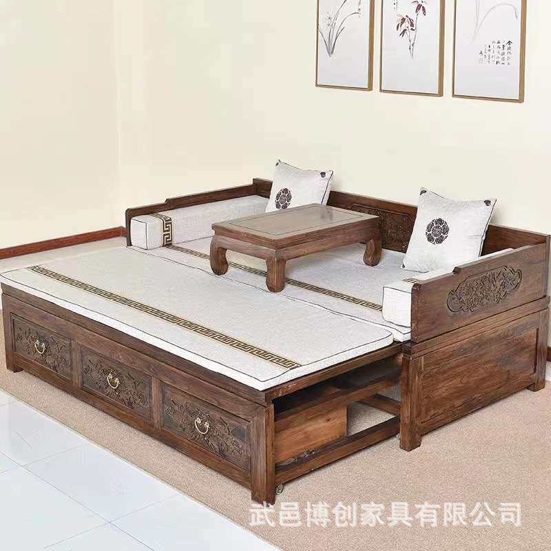 帝覃家居 老榆木推拉罗汉床花鸟罗汉床罗汉榻双人沙发伸缩沙发床