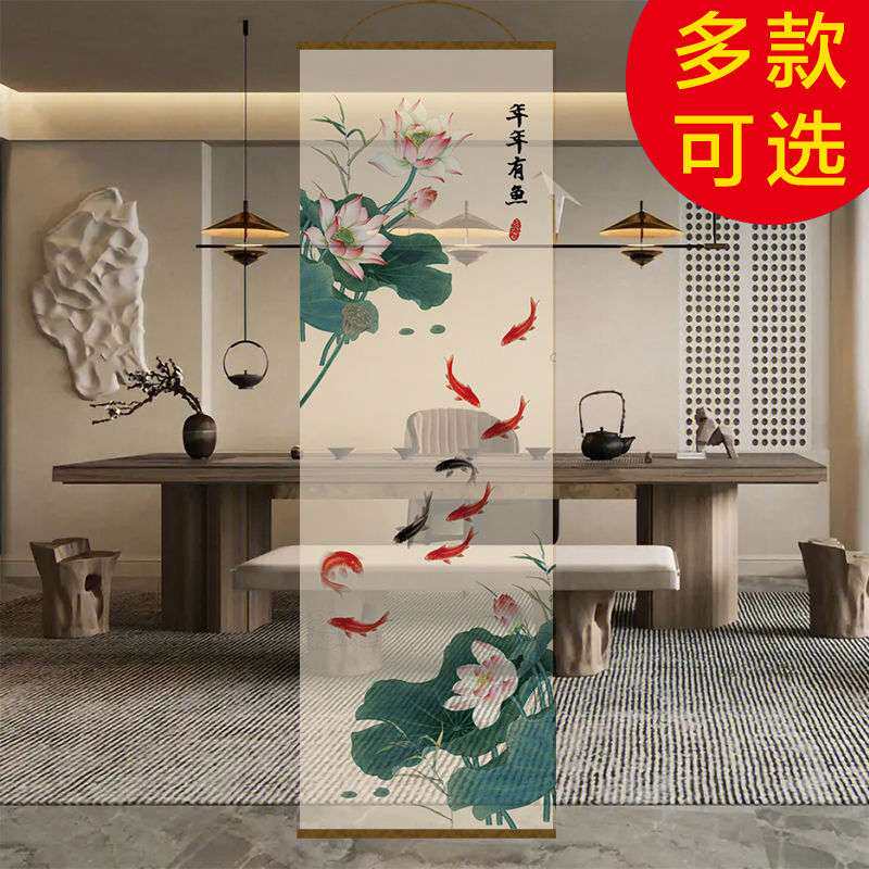 半透玄关金鱼莲花古风透景屏风纱中式山水卷帘隔断帘挂帘水墨纱帘