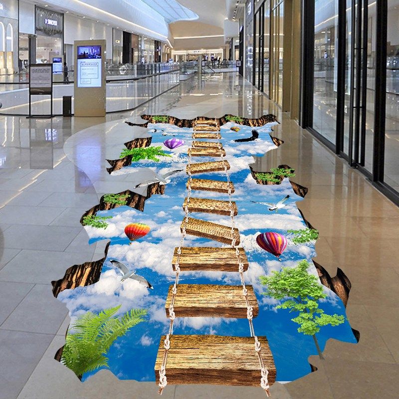 地画蓝天瀑布木桥立体3D墙贴防水地板贴儿童房卧室客厅墙贴贴画