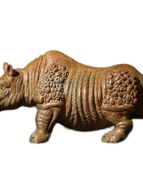 天然绿檀木实木雕刻生肖牛小摆件犀牛文玩手把件家居装饰品工艺品