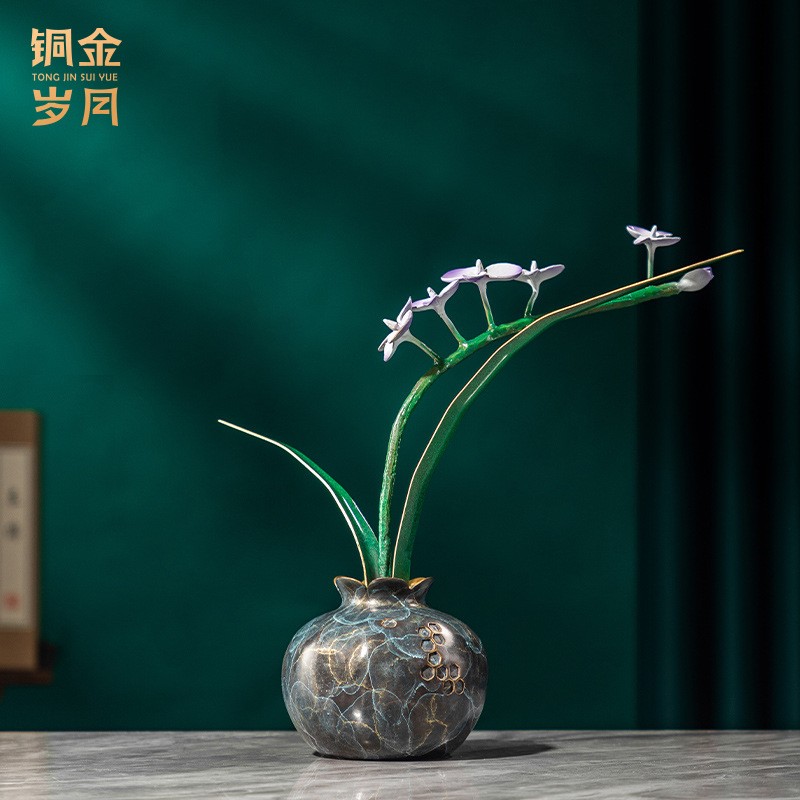 铜艺坊空谷幽兰花黄铜工艺品摆件花卉插花盆景绿植装饰金属铜摆件