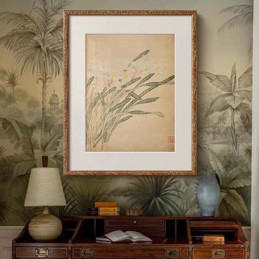 法式中国风复古客厅装饰画新中式玄关柜餐厅卧室挂画古典花卉壁画