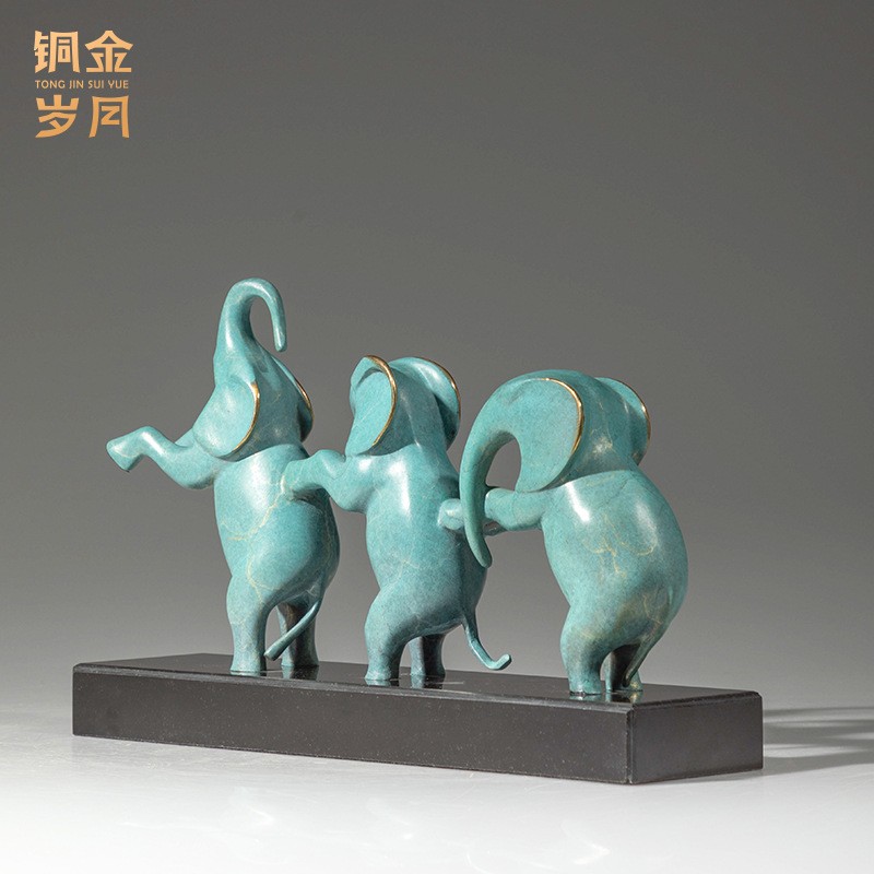 铜艺坊欢乐萌象黄铜摆件三只可爱小象彩铜工艺品摆件家居玄关饰品