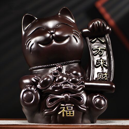 招财猫摆件黑檀实木雕刻店铺开业送礼办公室前台收银工艺礼品摆件
