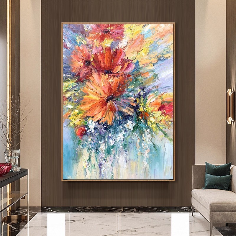 油画手绘梵高向日葵花名画现代北欧餐厅挂画玄关客厅背景墙装饰画
