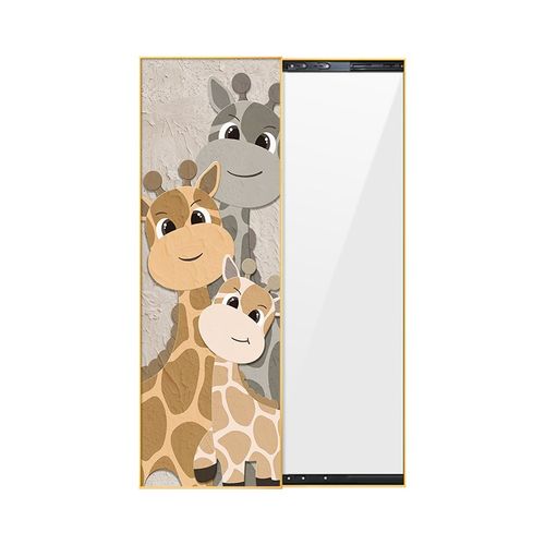 一家三口长颈鹿卡通挂画隐藏式可推拉全身镜装饰画隐形穿衣镜壁画