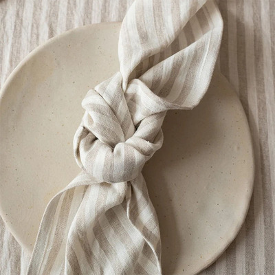 水洗纯亚麻1cml色织条纹桌布餐巾布 文艺范家居布艺可定制尺寸