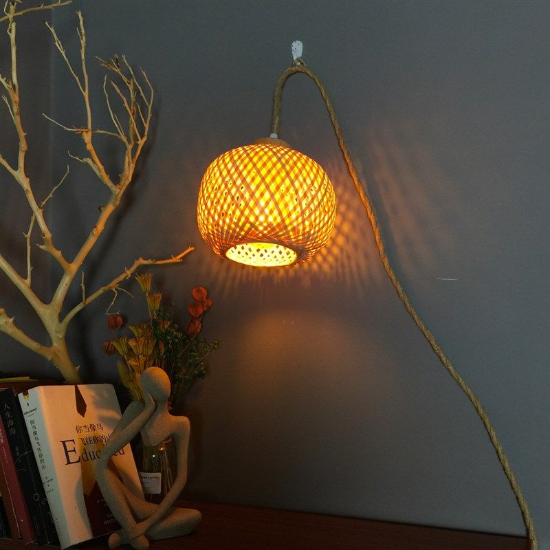 插电式竹编吊灯崖柏根雕树枝挂灯中式复古创民Q宿竹艺灯笼灯罩带