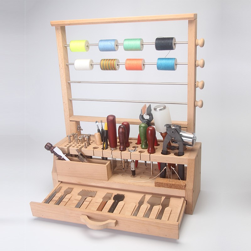 榉木多功能规格工具架多孔手缝DCIY榉木工具台收纳架皮革工具箱