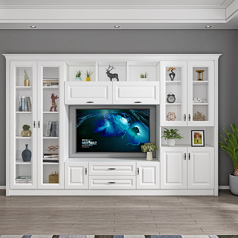 客厅实木颗粒板满墙整n体背景墙电视柜书柜一体组合墙柜子2021新
