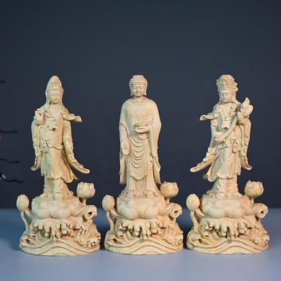 黄杨木雕刻立西方三圣摆饰室内家居装饰品供奉摆件桌面立像工艺品