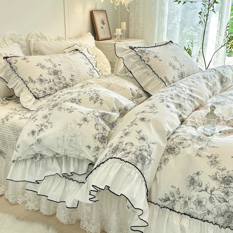 2025新款全棉法式-蕾丝床盖款四件套系列韩版蕾丝花边床盖三件套