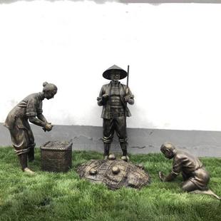渔民打渔雕塑玻璃钢仿铜人雕塑 园林景观人物小品摆件