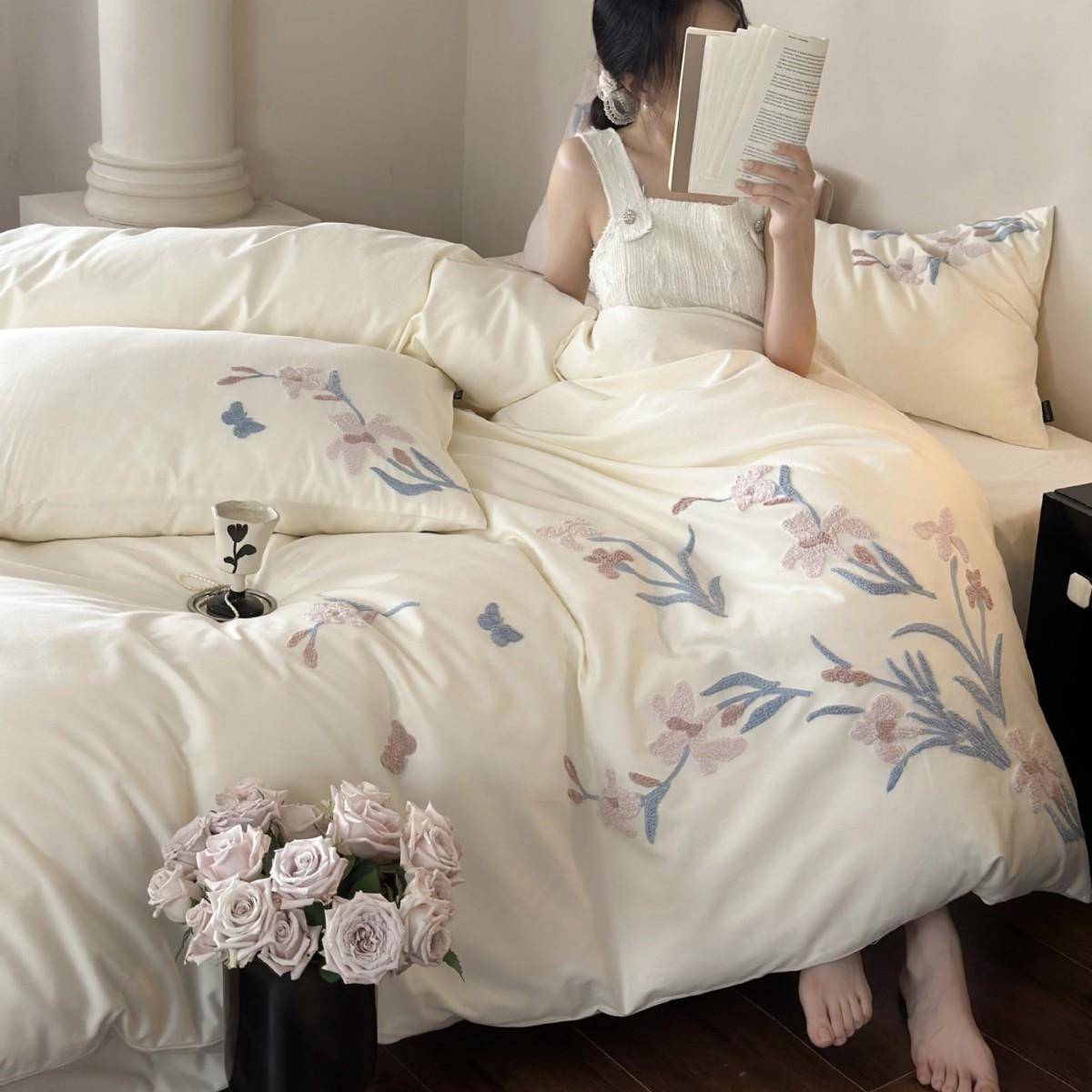 小清新蝴蝶花卉刺绣秋冬加厚贡缎磨毛四件套纯棉柔软亲肤床单被套
