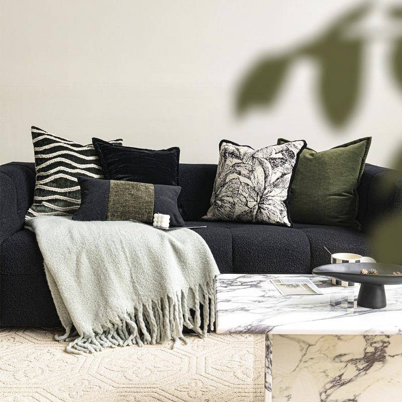 复古绿黑白羊毛大花靠垫套轻奢法式复古风客厅沙发样板房抱枕