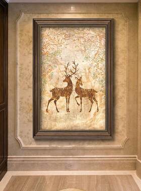 玄关装饰画欧式风格麋鹿小尺寸竖版走廊挂画过道壁画美式客厅油画