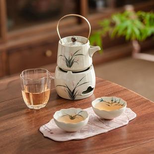 釉下彩冰台铜梁壶茶具套装高温瓷提梁壶套组新中式手绘墨兰温茶组