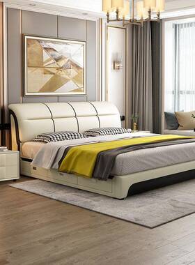 现代简约真皮床带抽屉科技布双人1.8x2米床1.5米小户型气压储物床