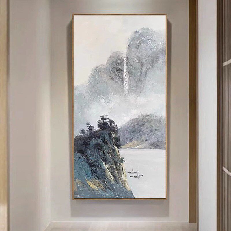 新中式山水风景抽象纯手绘油画客厅装饰画寓意好玄关过道挂画竖版