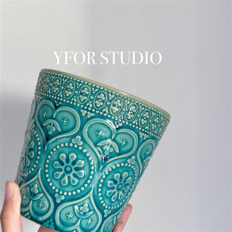 YFOR出口花浮雕陶瓷花盆绿色透气多G肉蝴蝶兰海芋绿植花卉植物花