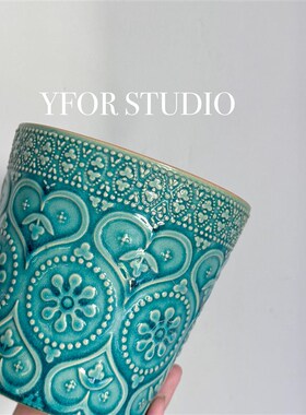 YFOR出口花浮雕陶瓷花盆绿色透气多G肉蝴蝶兰海芋绿植花卉植物花