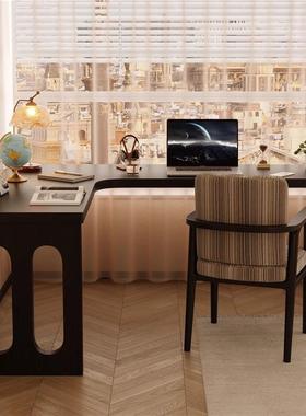 全实木转角书桌家用黑色电脑桌双人小众l型拐角办公桌工作台桌子