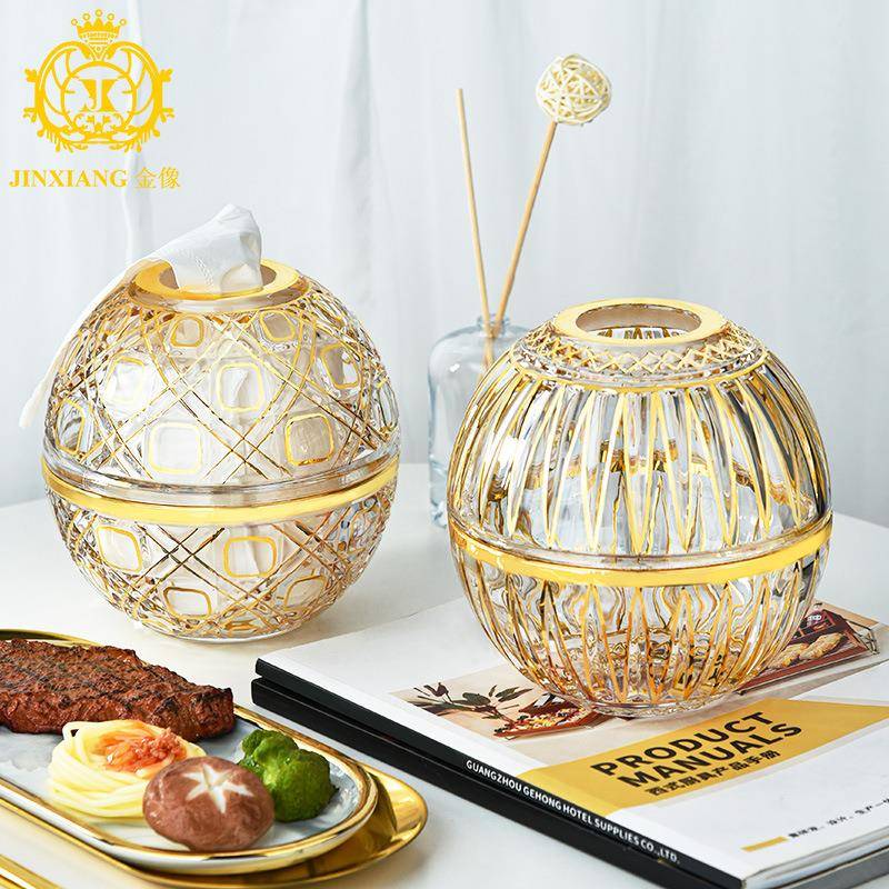 金像 加厚轻奢圆形纸巾盒 客厅多功能玻璃描金便携纸巾盒家用现货