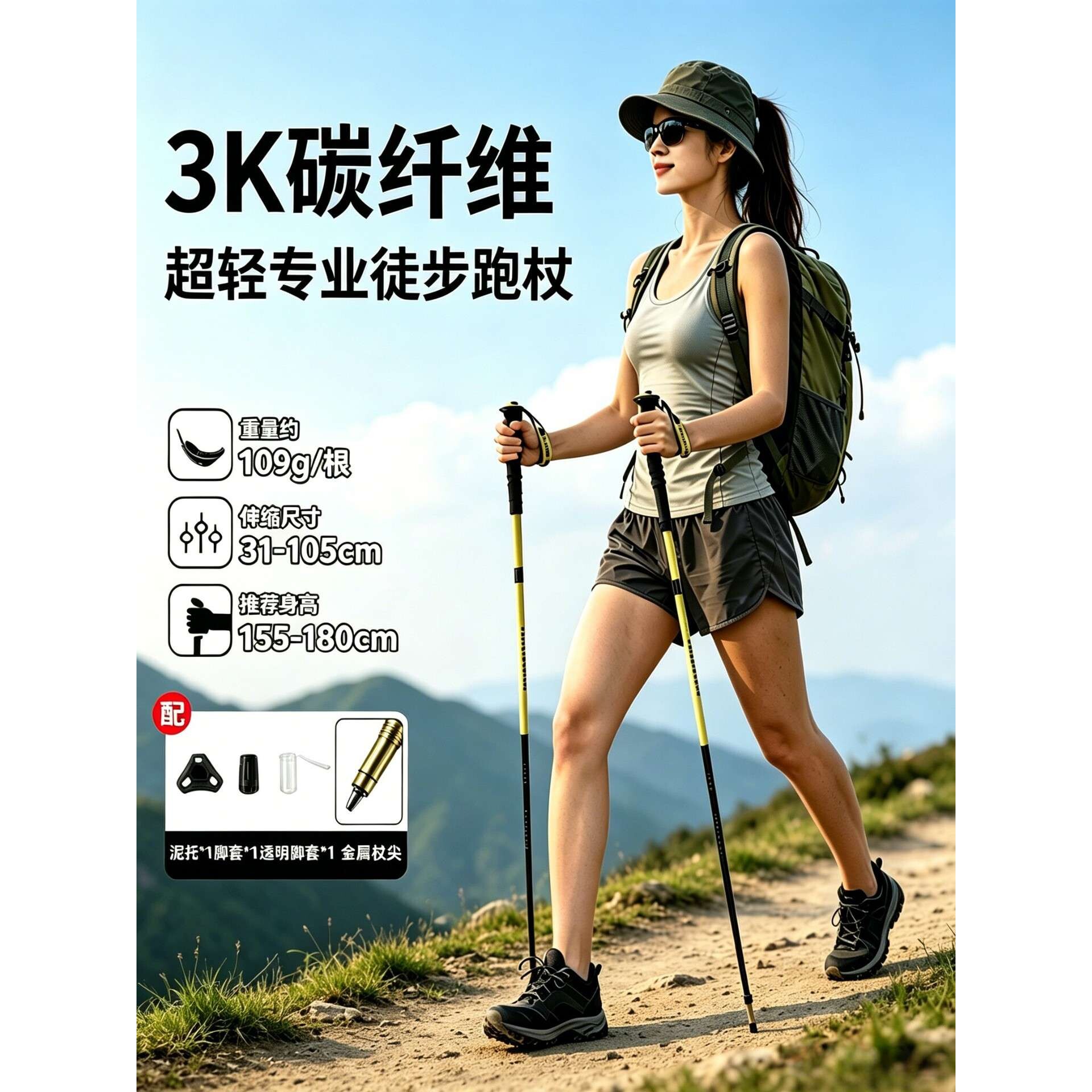 超轻3K碳纤维专业跑步登山杖户外T800越野装备折叠杖便携徒步手杖