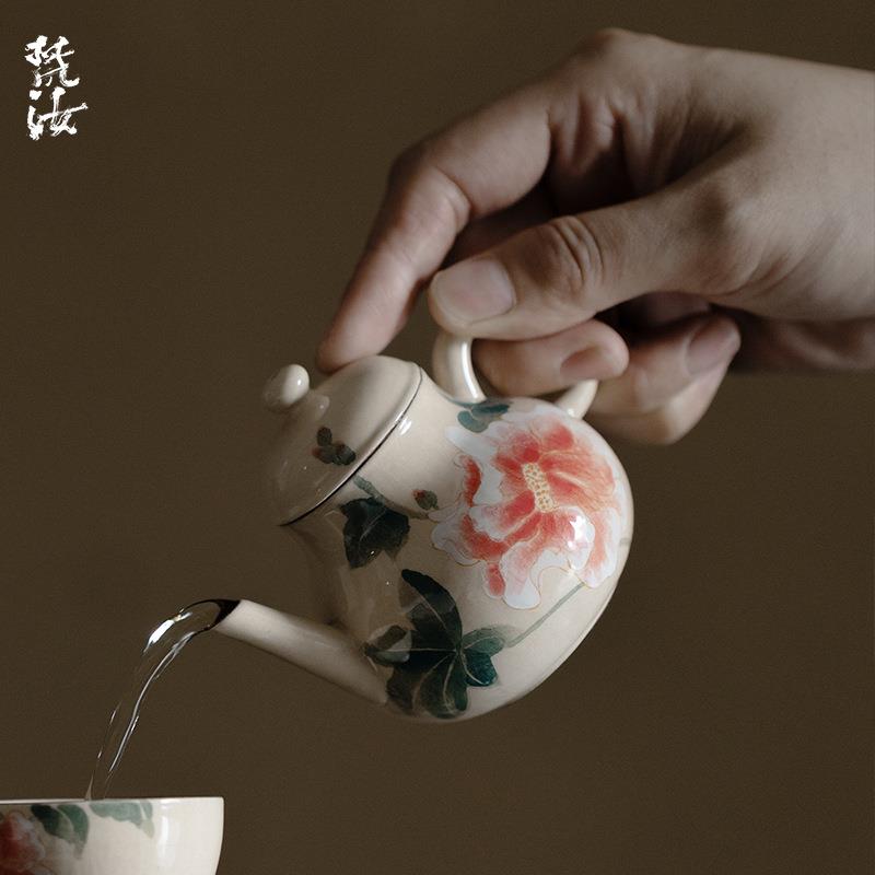 梵汝粉彩纯手绘牡丹梦亭壶釉下彩高档文人小品手执壶泡茶壶带过滤
