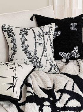 东方美学法式中国风黑白色客厅沙发抱枕卧室床上靠枕靠垫竹影蝶梦