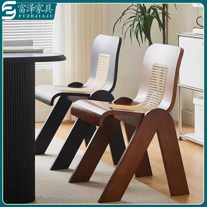 法式中古藤编C椅设计师小户型家用餐椅卧室创意梳妆化妆椅子书椅