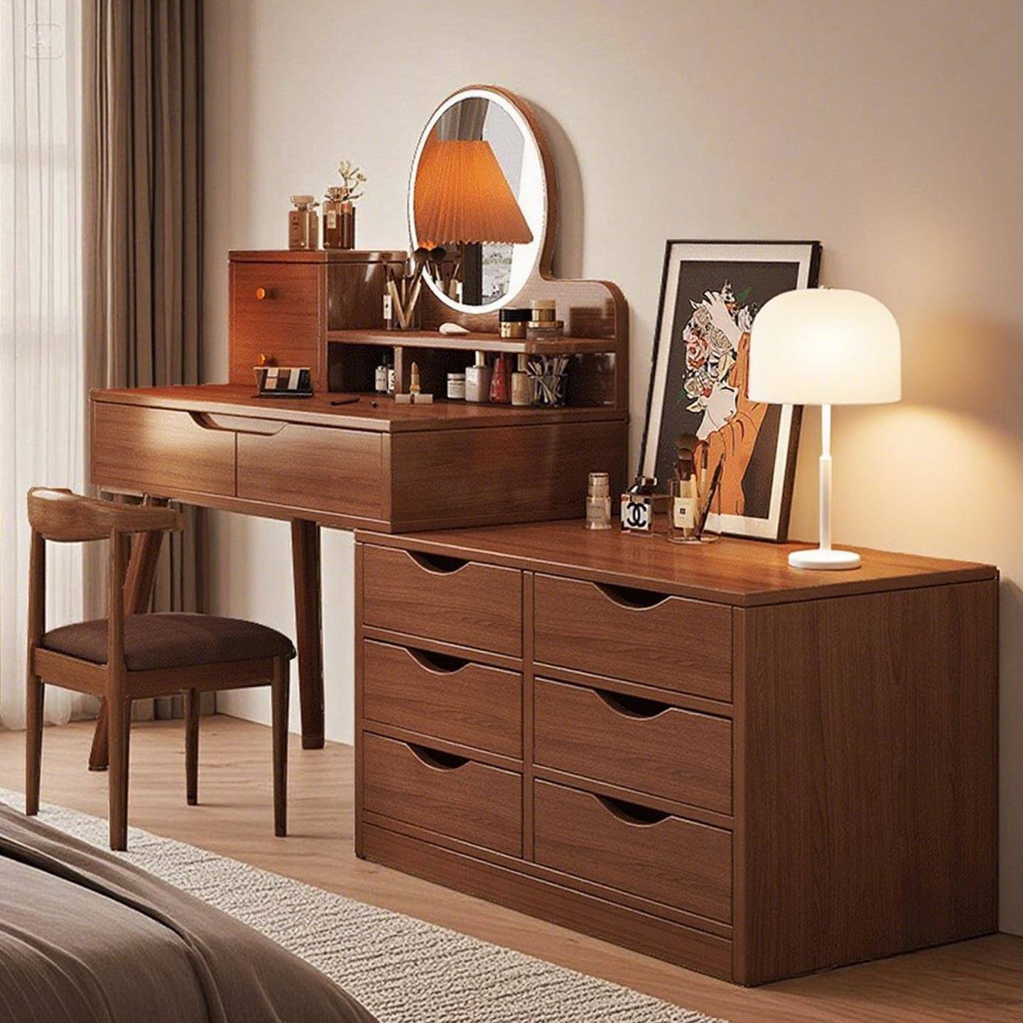 梳妆台卧室2025新款现代简约化妆桌镜子新中式小型化妆台书桌一体
