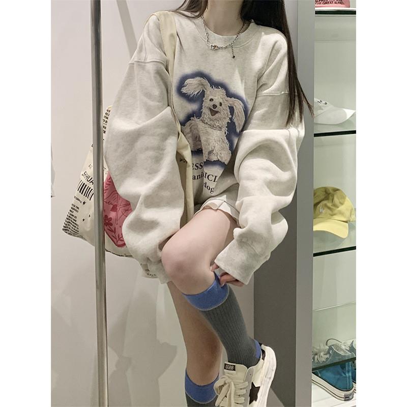 薄绒卫衣女秋季韩版2025新款卡通字母印花宽松中长款无帽长袖上衣