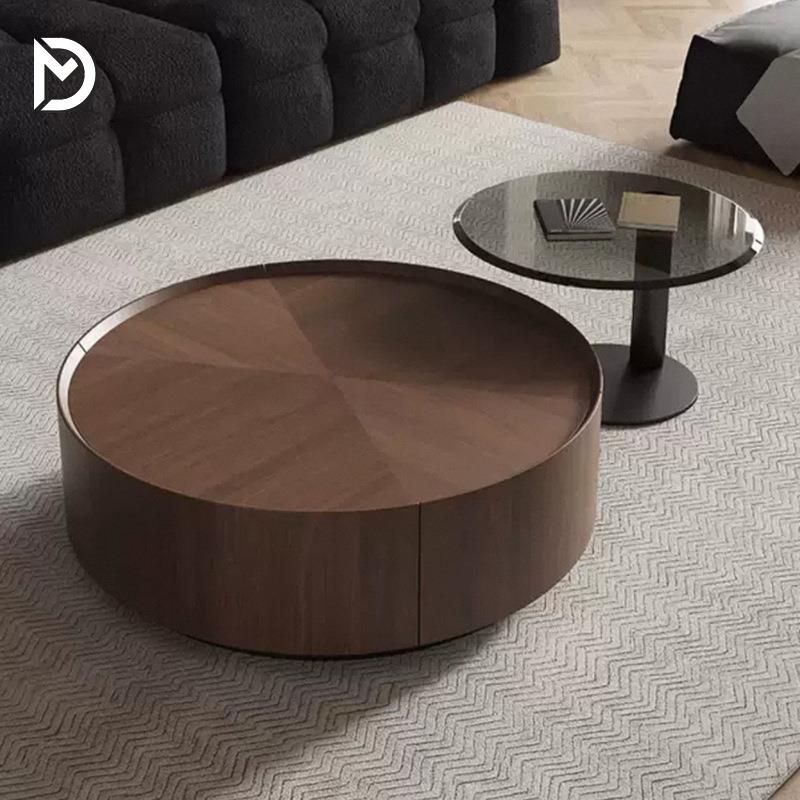 意式极简实木圆形茶几组合胡桃木纹简约现代小户型客厅家用高级感