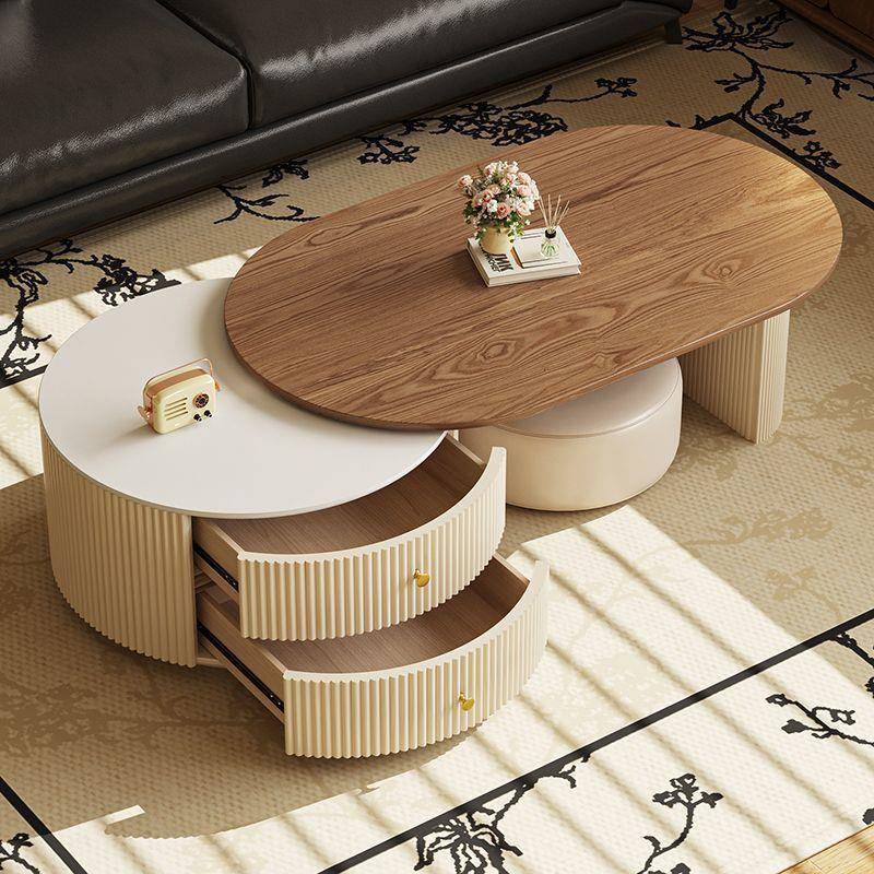 中古奶油风实木茶几客厅家用小户型现代简约椭圆形茶桌轻奢高级感