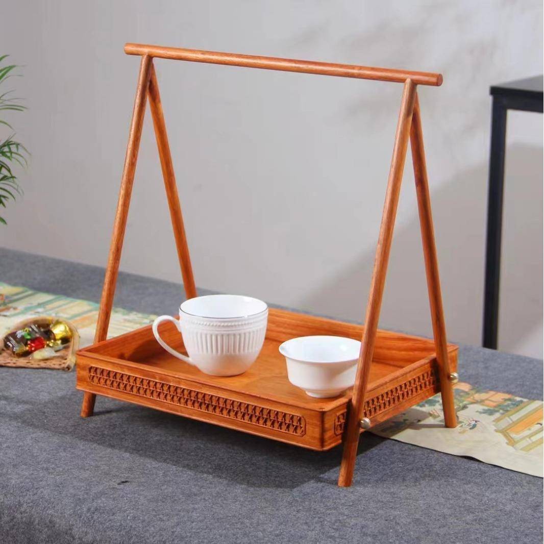 木质提手茶点盘复古中式零食水果点心盘创意家用收纳提篮干果托盘