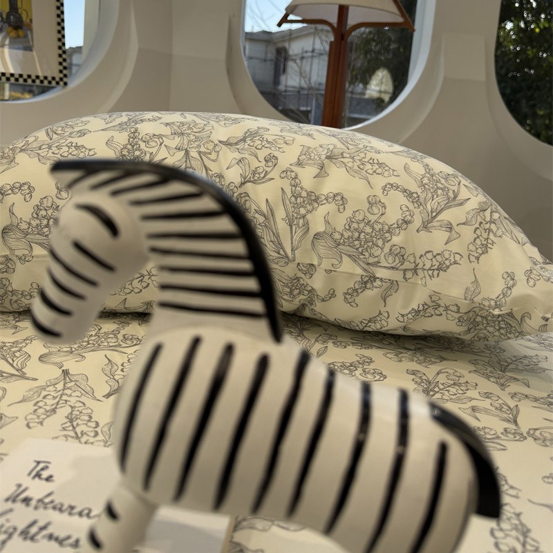 田园风温柔黑白线条铃兰床笠床单单件保护套全棉宿舍床罩