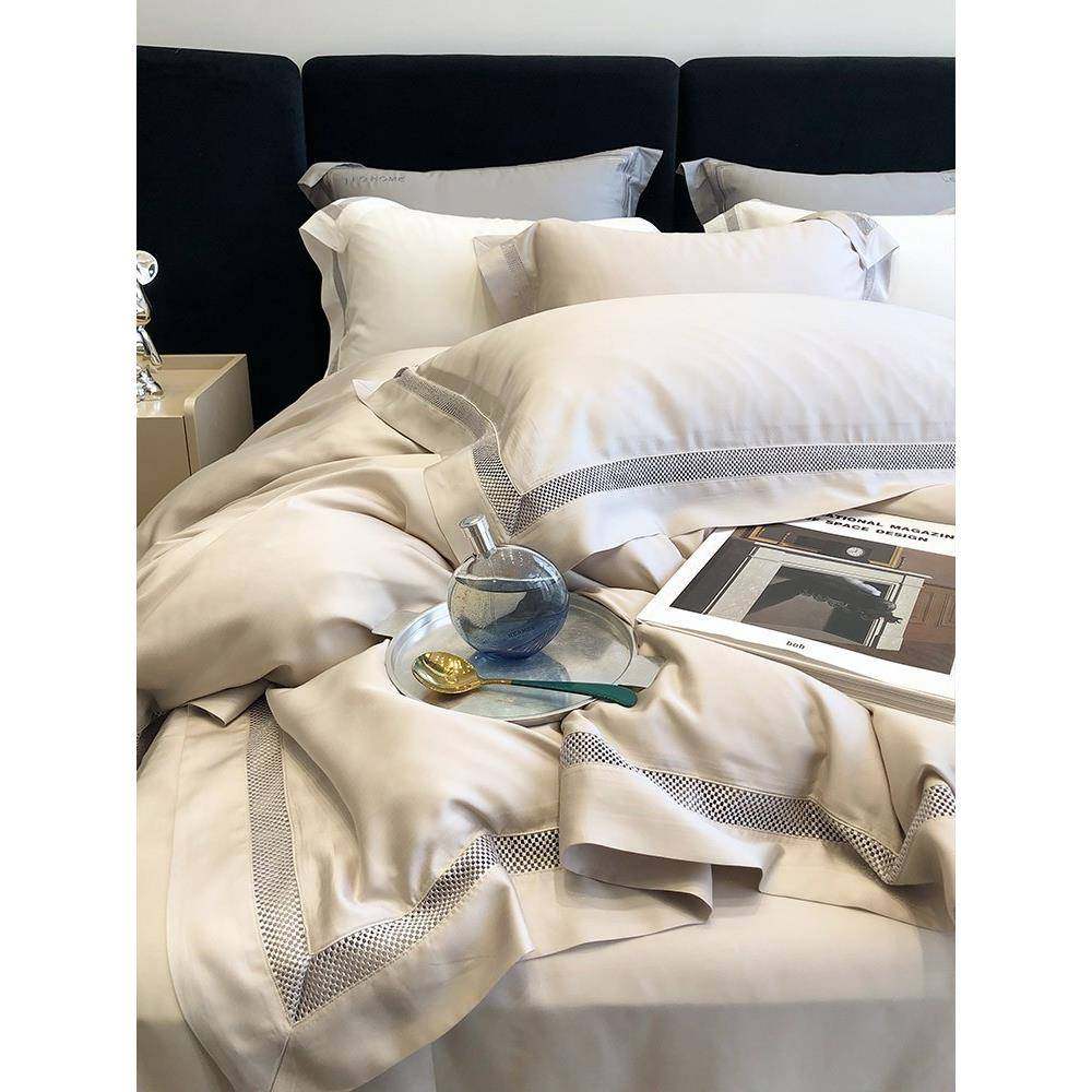 轻奢风纯色120支莱赛尔纤维四件套简约镂空宽边凉感被套春夏床品