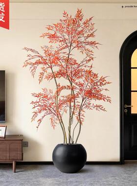 中古风仿真绿植轻奢室内电视柜旁落地摆件大盆栽红色南天竹假绿植