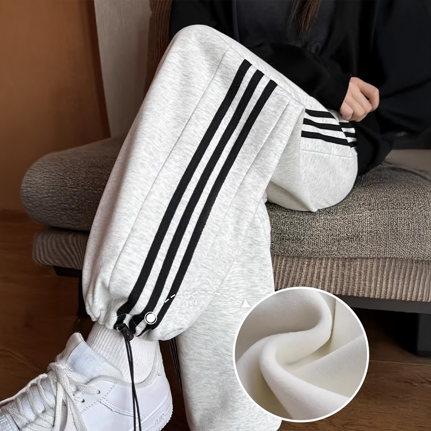 白灰色条纹运动裤女春秋20