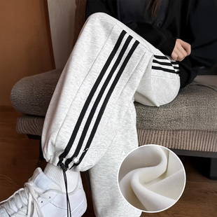 白灰色条纹运动裤女春秋2025新款高腰休闲宽松小个子束脚显瘦卫裤