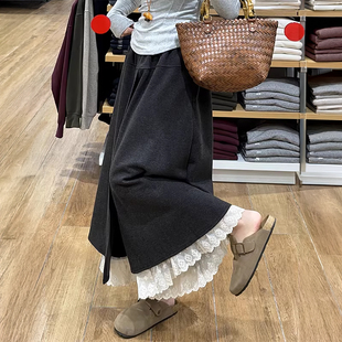 灰色蕾丝花边裙裤女冬2025新款梨形报恩裤高腰宽松小个子阔腿裤裙