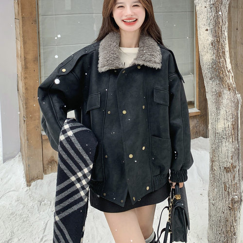 复古毛领皮毛一体加厚麂皮夹克