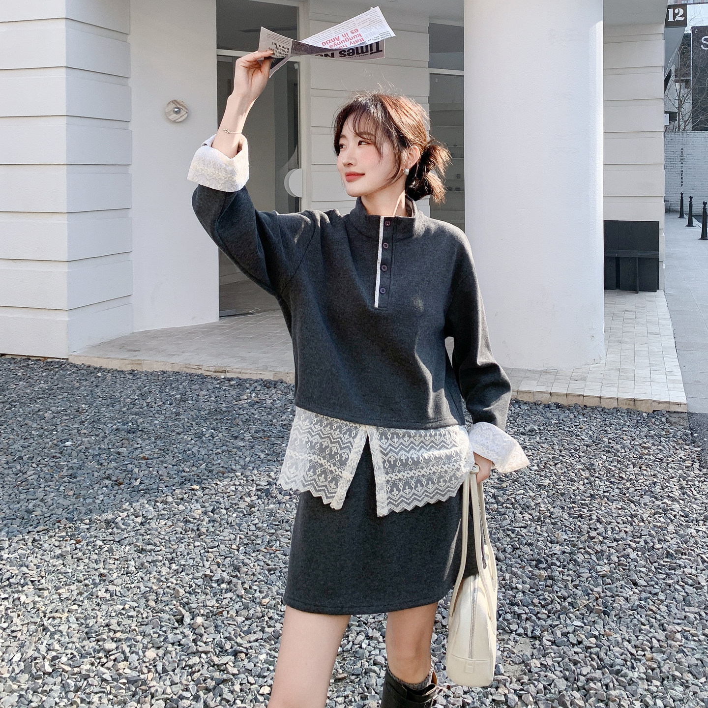 轻奢蕾丝拼接卫衣半身裙两件套女2026春季新款小个子淑女时尚套装