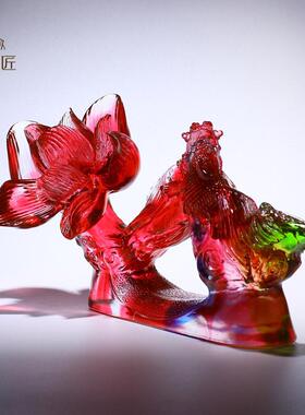 琉璃工艺品牡丹花金鱼如意摆件一对招财轻奢高档乔迁新居暖房礼物